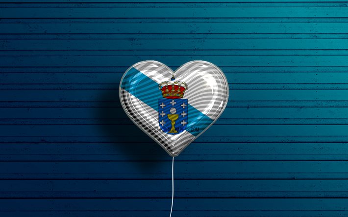 J’aime la Galice, 4k, ballons r&#233;alistes, fond en bois bleu, Jour de Galice, Communaut&#233;s d’Espagne, drapeau de la Galice, Espagne, ballon avec drapeau, communaut&#233;s espagnoles, drapeau de Galice, Galice