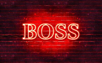 Hugo Boss punainen logo, 4k, punainen tiilisein&#228;, Hugo Boss logo, muotibr&#228;ndit, Hugo Boss neon logo, Hugo Boss