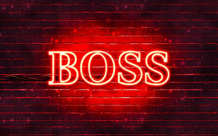 Hugo Boss punainen logo, 4k, punainen tiilisein&#228;, Hugo Boss logo, muotibr&#228;ndit, Hugo Boss neon logo, Hugo Boss