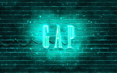 Logo turquoise GAP, 4k, mur de briques turquoise, logo GAP, marques de mode, logo n&#233;on GAP, GAP