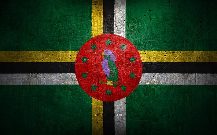 Dominican metal flag, grunge art, North American countries, Day of Dominica, national symbols, Dominica flag, metal flags, Flag of Dominica, North America, Dominican flag, Dominica