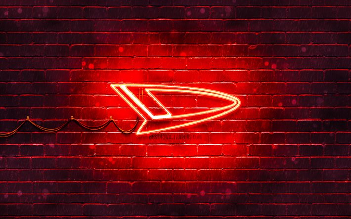 Daihatsu red logo, 4k, red neon lights, creative, red abstract background, Daihatsu logo, cars brands, Daihatsu