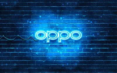 Oppo blue logo, 4k, blue brickwall, Oppo logo, brands, Oppo neon logo, Oppo