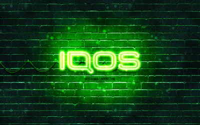 Logo vert IQOS, 4k, mur de briques vert, logo IQOS, marques, logo n&#233;on IQOS, IQOS