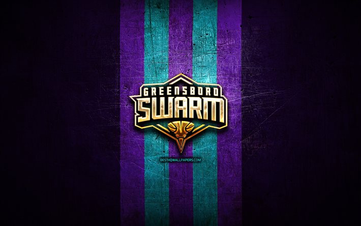 Greensboro Swarm, logo dorato, NBA G League, sfondo viola in metallo, squadra di basket americana, logo Greensboro Swarm, basket, USA