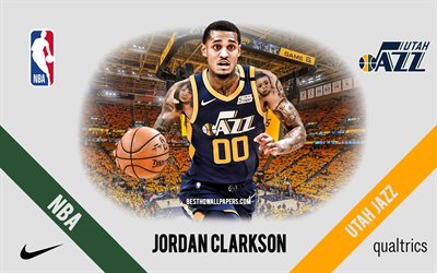 Jordan Clarkson, Utah Jazz, jogador americano de basquete, NBA, retrato, EUA, basquete, Vivint Arena, logotipo do Utah Jazz