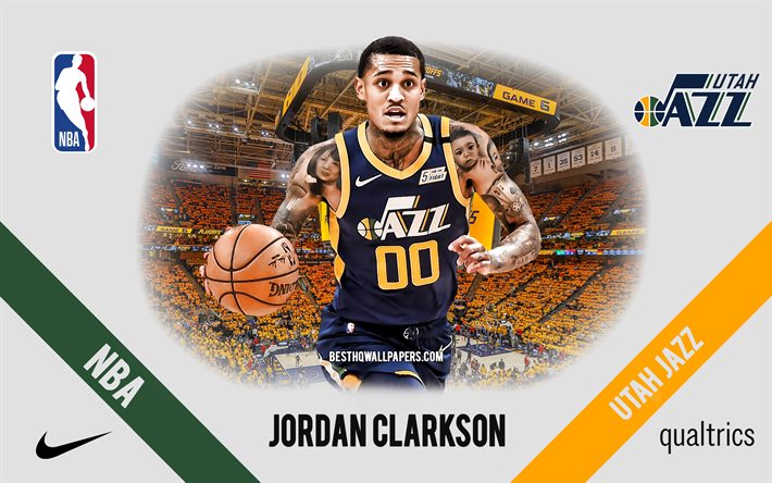 Jordan Clarkson, Utah Jazz, joueur am&#233;ricain de basket-ball, NBA, portrait, USA, basket-ball, Vivint Arena, logo Utah Jazz
