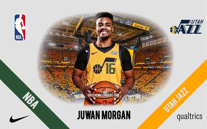 Juwan Morgan, Utah Jazz, joueur am&#233;ricain de basket-ball, NBA, portrait, USA, basket-ball, Vivint Arena, logo Utah Jazz