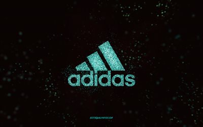 Adidas glitter logotyp, 4k, svart bakgrund, Adidas logotyp, turkos glitter konst, Nike, kreativ konst, adidas turkos glitter logotyp