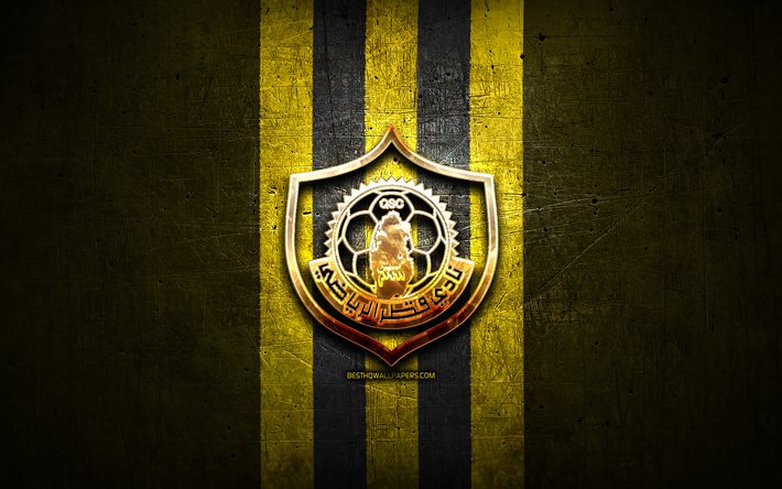 Qatar FC, golden logo, QSL, yellow metal background, football, qatari football club, Qatar SC logo, soccer, Qatar SC