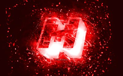 شعار Minecraft الأحمر, 4 ك, أضواء النيون الحمراء, إبْداعِيّ ; مُبْتَدِع ; مُبْتَكِر ; مُبْدِع, الأحمر، جرد، الخلفية, شعار Minecraft, ألعاب على الانترنت, ماين كرافت