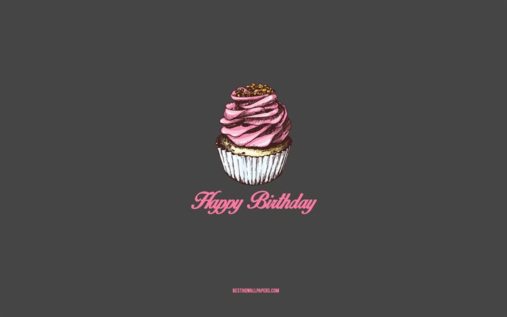 Buon compleanno, 4k, arte minimale, biglietto di auguri di buon compleanno, torta rosa, biglietto di auguri di compleanno retr&#242;, sfondo grigio, concetto di buon compleanno