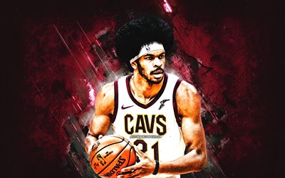 Jarrett Allen, Cleveland Cavaliers, American basketball player, burgundy stone background, grunge art, NBA, basketball, USA