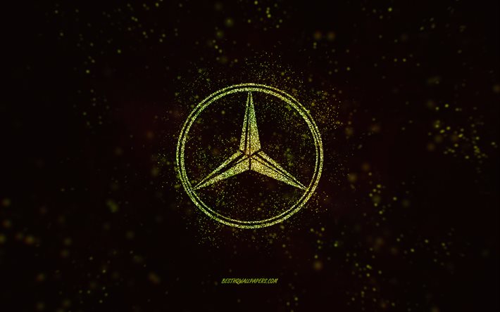 Mercedes-Benz parıltılı logo, 4k, siyah arka plan, Mercedes-Benz logosu, limonlu parıltılı sanat, Mercedes-Benz, yaratıcı sanat, Mercedes-Benz limonlu parıltılı logo, Mercedes logosu