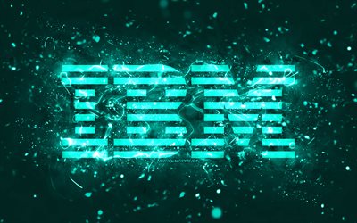 Logo IBM turchese, 4k, luci al neon turchesi, creativo, sfondo astratto turchese, logo IBM, marchi, IBM