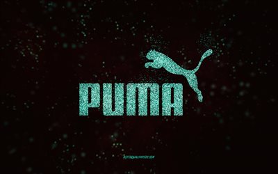 Logotipo com glitter da Puma, 4k, fundo preto, logotipo da Puma, arte com glitter turquesa, Puma, arte criativa, logotipo com glitter turquesa da Puma