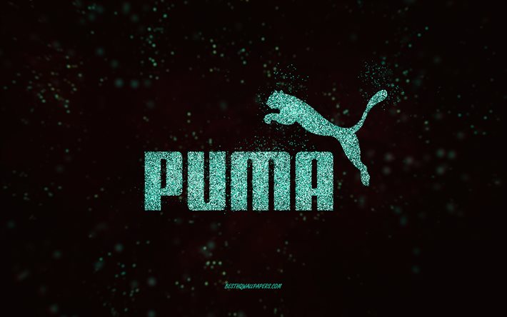 Puma glitter logotyp, 4k, svart bakgrund, Puma logotyp, turkos glitter konst, Puma, kreativ konst, Puma turkos glitter logotyp