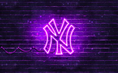 New York Yankees viola logo, 4k, viola muro di mattoni, New York Yankees logo, squadra di baseball americana, New York Yankees neon logo, NY Yankees, New York Yankees