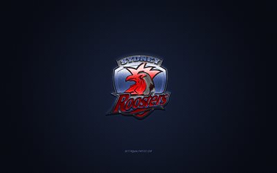 Sydney Roosters, Australian rugby club, NRL, r&#246;d logotyp, bl&#229; kolfiberbakgrund, National Rugby League, rugby, Sydney, Australia, Sydney Roosters logo