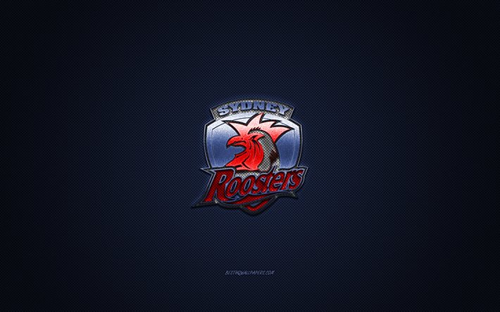 Sydney Roosters, club de rugby australien, NRL, logo rouge, fond bleu en fibre de carbone, Ligue nationale de rugby, rugby, Sydney, Australie, logo Sydney Roosters