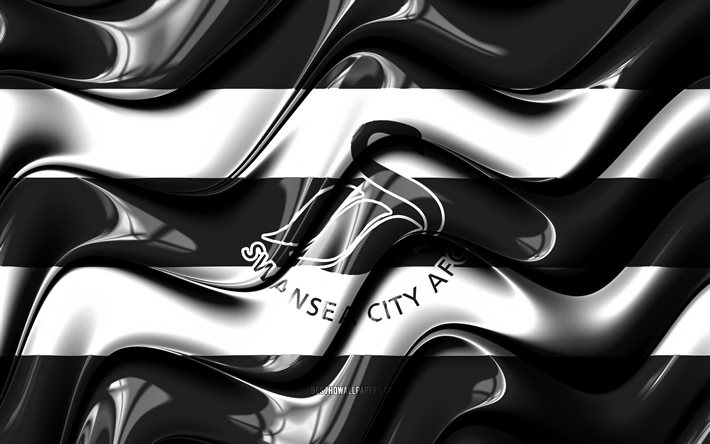 Swansea City FC bayrağı, 4k, siyah ve beyaz 3D dalgalar, EFL Şampiyonası, İngiliz Futbol Kul&#252;b&#252;, futbol, Swansea City FC logosu, Swansea City FC, FC Swansea City