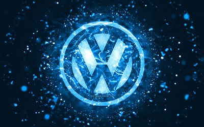 Volkswagen mavi logo, 4k, mavi neon ışıklar, yaratıcı, mavi soyut arka plan, Volkswagen logosu, otomobil markaları, Volkswagen