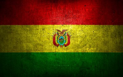 Bolivian metal flag, grunge art, South American countries, Day of Bolivia, national symbols, Bolivia flag, metal flags, Flag of Bolivia, South America, Bolivian flag, Bolivia