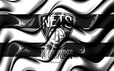 Bandeira do Brooklyn Nets, 4k, ondas 3D brancas e pretas, NBA, time americano de basquete, logotipo do Brooklyn Nets, basquete, Brooklyn Nets