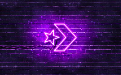 Logotipo Converse violeta, 4k, parede de tijolos violeta, logotipo Converse, marcas de moda, logotipo Converse neon, Converse