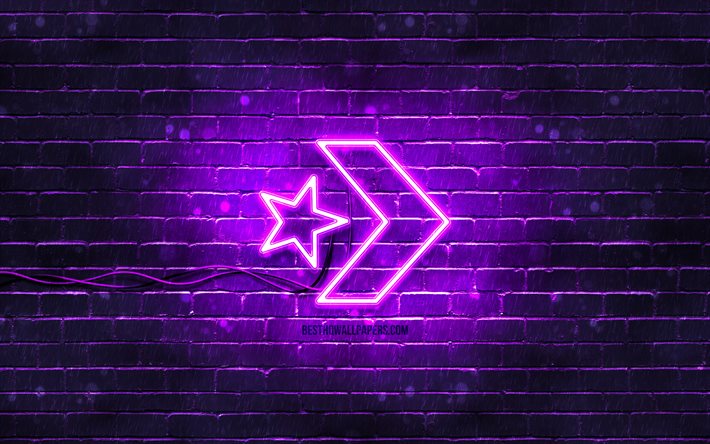 Logo violet Converse, 4k, mur de briques violet, logo Converse, marques de mode, logo n&#233;on Converse, Converse
