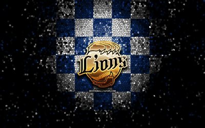 Seibu Lions, logotipo brilhante, NPB, fundo xadrez branco azul, beisebol, time japon&#234;s de beisebol, logotipo Seibu Lions, arte em mosaico, Nippon Professional Baseball