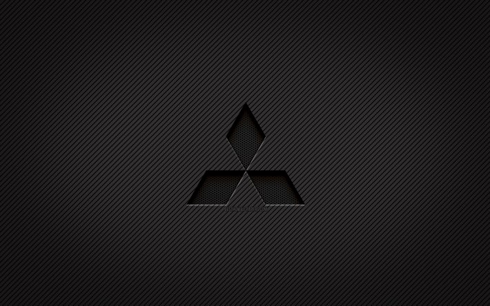 Logo carbone Mitsubishi, 4k, art grunge, fond carbone, cr&#233;atif, logo noir Mitsubishi, marques de voitures, logo Mitsubishi, Mitsubishi