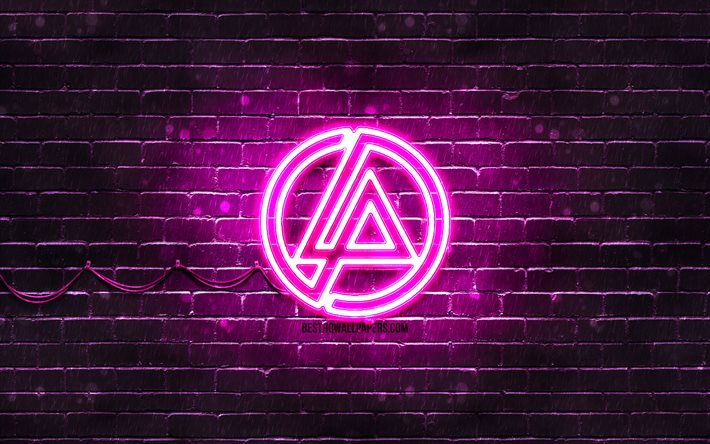 Linkin Park mor logo, 4k, m&#252;zik yıldızları, mor brickwall, Linkin Park logo, markalar, Linkin Park neon logo, Linkin Park