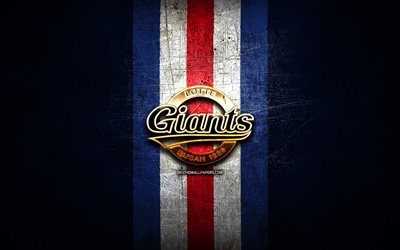 Lotte Giants, logotipo dourado, KBO, fundo de metal azul, time de beisebol sul-coreano, logotipo Lotte Giants, beisebol, Coreia do Sul