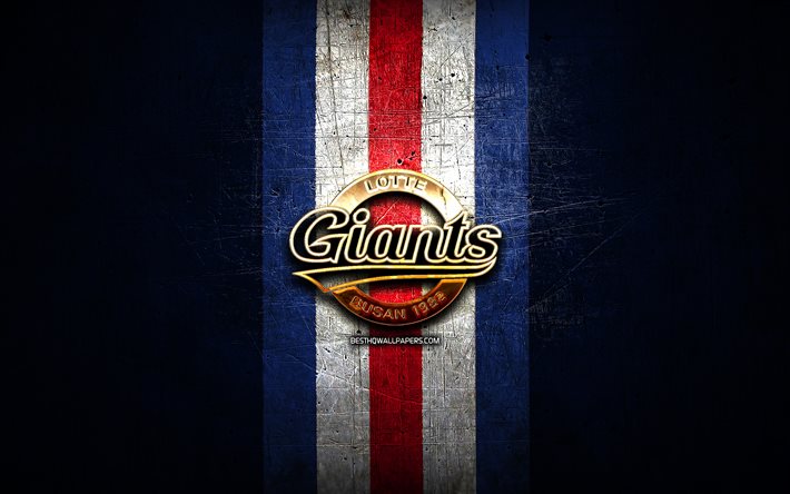 Lotte Giants, logo dor&#233;, KBO, fond bleu en m&#233;tal, &#233;quipe de baseball sud-cor&#233;enne, logo Lotte Giants, baseball, Cor&#233;e du Sud