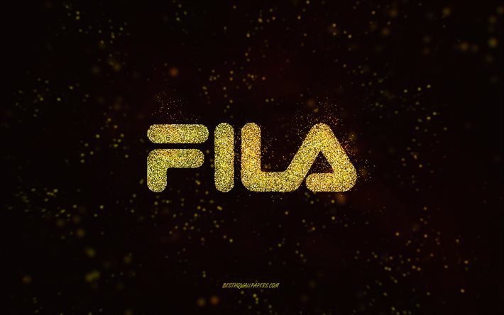 Fila glitter logotyp, 4k, svart bakgrund, Fila logotyp, gul glitter konst, Fila, kreativ konst, Fila gul glitter logotyp