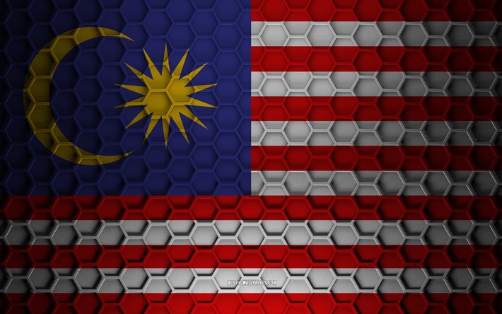 Malaysia flagga, 3d hexagons textur, Malaysia, 3d textur, Malaysia 3d flagga, metall textur