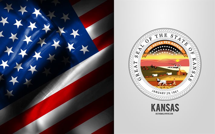 Sigill av Kansas, USA Flagga, Kansas emblem, Kansas vapensk&#246;ld, Kansas m&#228;rke, Amerikansk flagga, Kansas, USA