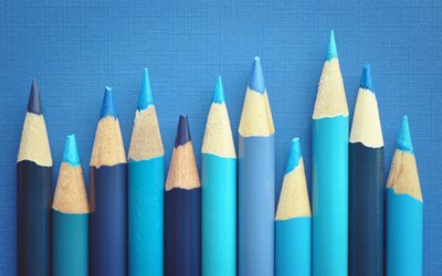 matite su sfondo blu, matite blu, sfondo educativo, sfondo con matite, concetti di disegno