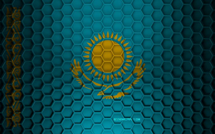 Drapeau du Kazakhstan, texture des hexagones 3d, Kazakhstan, texture 3d, drapeau du Kazakhstan 3d, texture m&#233;tallique, drapeau du Kazakhstan