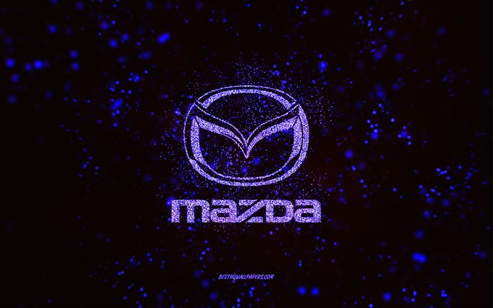 Mazda glitter logotyp, 4k, svart bakgrund, Mazda logotyp, lila glitter konst, Mazda, kreativ konst, Mazda lila glitter logotyp