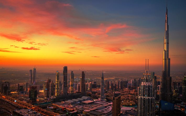 Dubai, Burj Khalifa, ilta, auringonlasku, pilvenpiirt&#228;ji&#228;, Dubain auringonlasku, Dubain panoraama, Arabiemiirikunnat