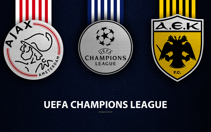 O AFC Ajax vs AEK Athens FC, 4k, textura de couro, logotipos, promo, UEFA Champions League, Grupo E, jogo de futebol, logotipos do clube de futebol, Europa