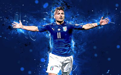 Ciro Immobile, 4k, match, abstract art, Italy National Team, fan art, Immobile, soccer, footballers, neon lights, Italian football team