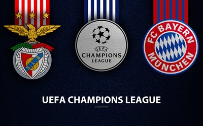 SL Benfica vs FC Bayern Munich, 4k, le cuir de texture, de logos, de la promo, de l&#39;UEFA Ligue des Champions, Groupe E, match de football, club de football de logos, d&#39;Europe, le FC Bayern Munich