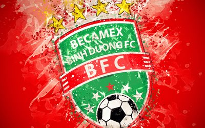 Becamex Binh Duong FC, 4k, paint art, logo, creative, Vietnamese football team, V League 1, emblem, red background, grunge style, Thusaumot, Vietnam, football