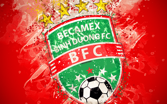 Becamex Binh Duong FC, 4k, 塗装の美術, ロゴ, 創造, ベトナムサッカーチーム, Vリーグ1, エンブレム, 赤の背景, グランジスタイル, Thusaumot, ベトナム, サッカー