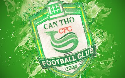 XSKT Can Tho FC, 4k, paint art, logo, creative, Vietnamese football team, V League 1, emblem, green background, grunge style, Can Tho, Vietnam, football