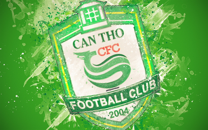 XSKT Can Tho FC, 4k, paint art, logo, creative, Vietnamese football team, V League 1, emblem, green background, grunge style, Can Tho, Vietnam, football