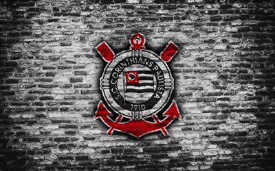 FC Corinthians, 4k, emblem, Brazilian Seria A, grunge, soocer, Brazil, Corinthians, football club, brick texture, Corinthians FC